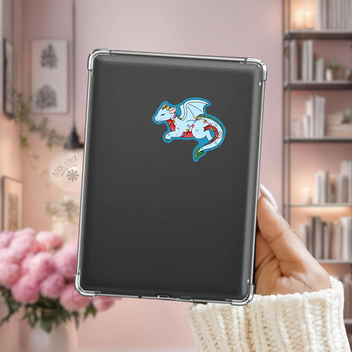 Dragon With Christmas Lights Kindle sticker on desk, bookish decal