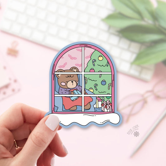 Bear In Christmas Window bookish sticker, vinyl die cut, christmas reader gift