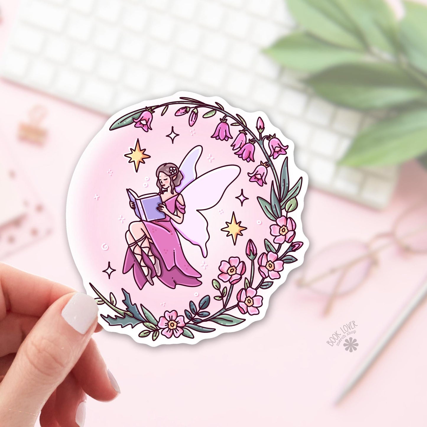Reading Fairy Sticker / Celestial Fairycore Sticker / Moon Fairy / Bookish Fairy / Fantasy Reader Gift / Pink Floral Aesthetic / Kindle