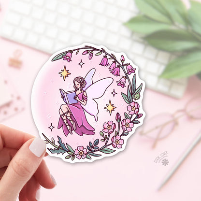 Reading Fairy Sticker / Celestial Fairycore Sticker / Moon Fairy / Bookish Fairy / Fantasy Reader Gift / Pink Floral Aesthetic / Kindle
