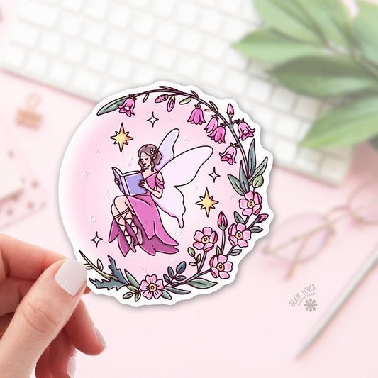 Reading Fairy Sticker / Celestial Fairycore Sticker / Moon Fairy / Bookish Fairy / Fantasy Reader Gift / Pink Floral Aesthetic / Kindle