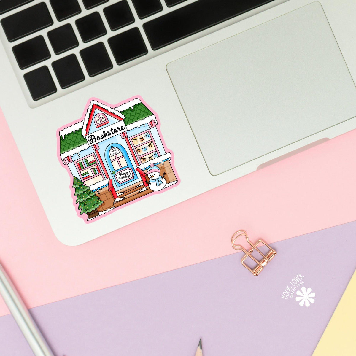 Snowy Holiday Bookstore sticker close up, matte finish, book lover vinyl decal
