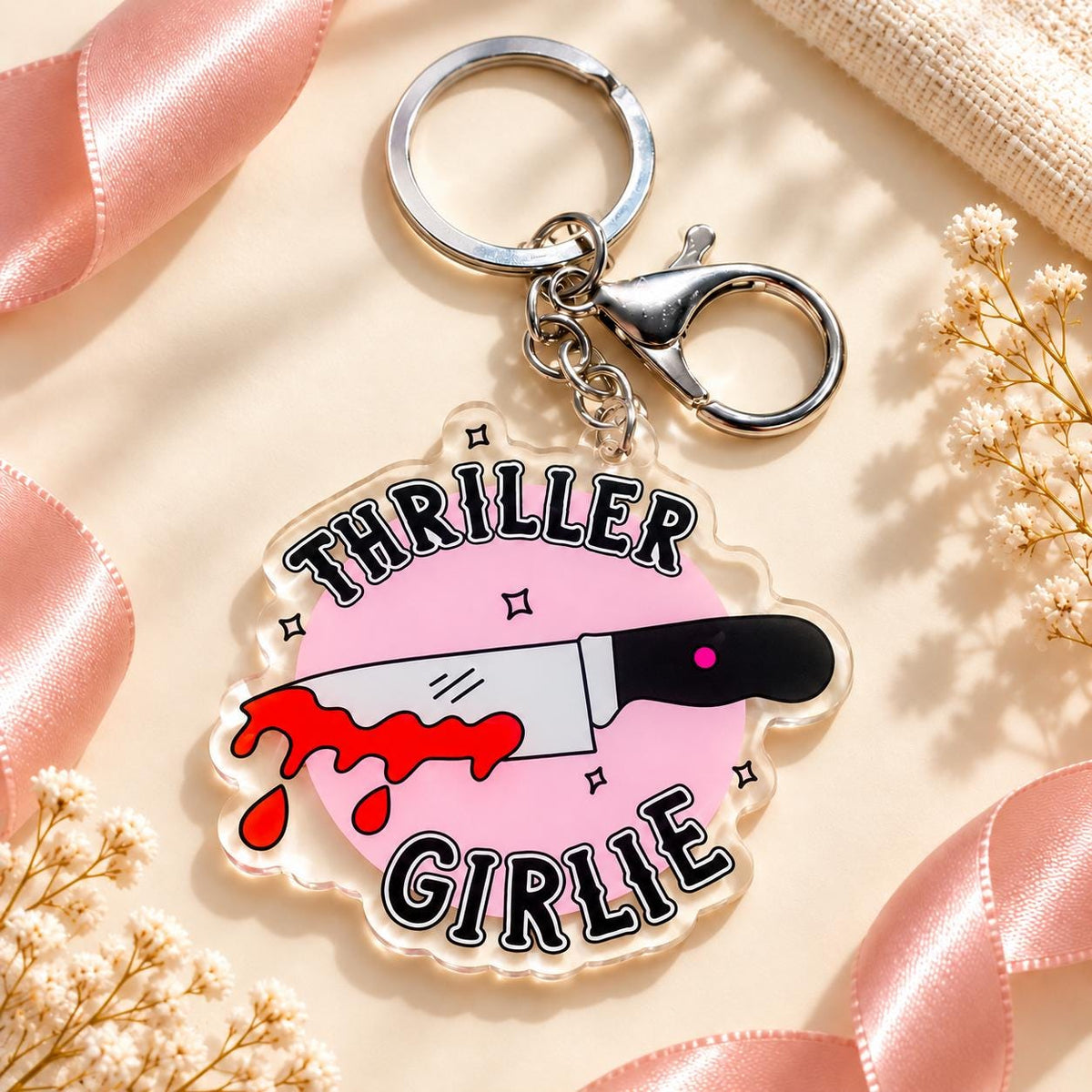 Thriller Girlie acrylic keychain, bookish bag charm, view 2