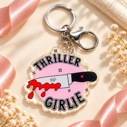 Thriller Girlie acrylic keychain, bookish bag charm, view 2