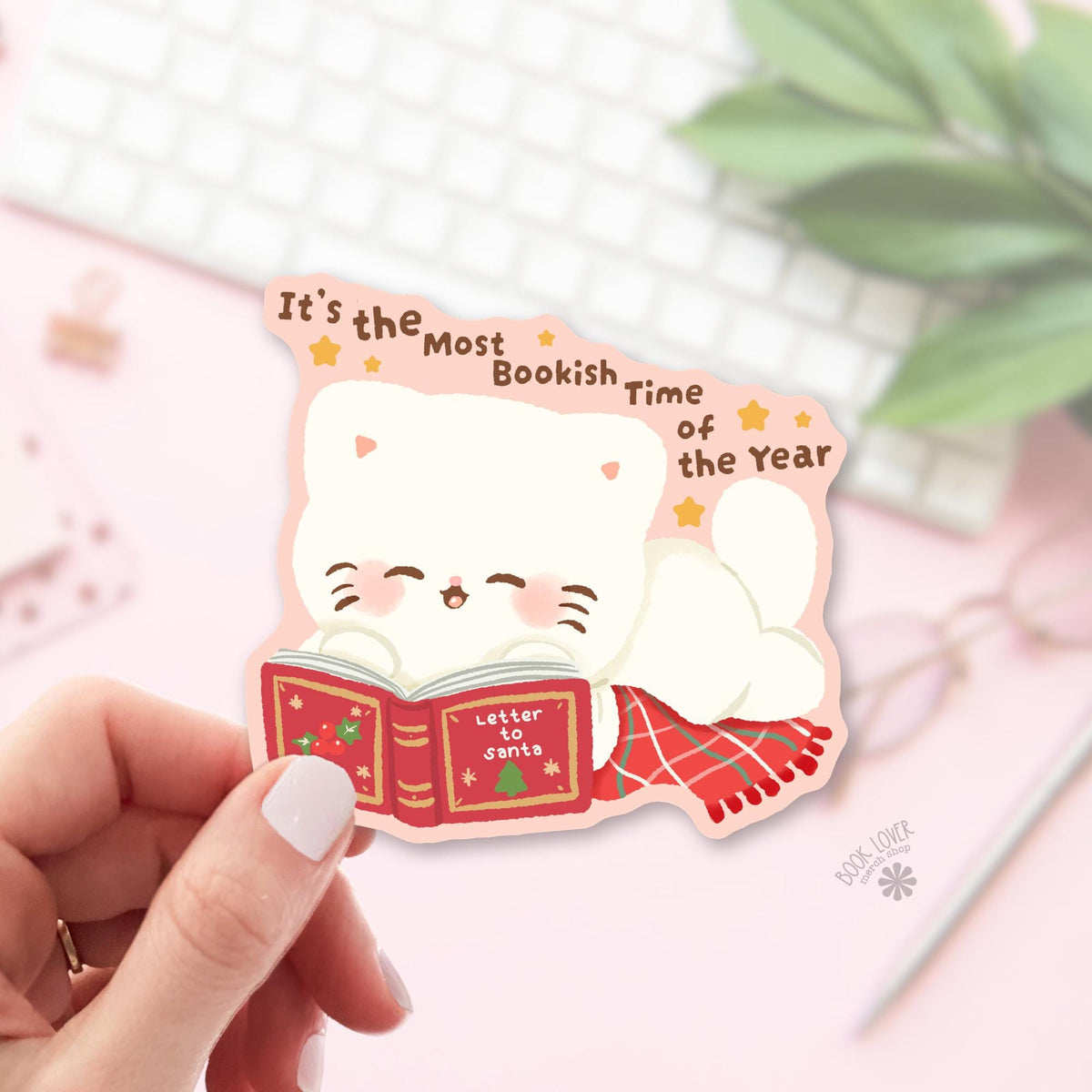 Pink Christmas Cat bookish sticker, vinyl die cut, cat lover reader gift