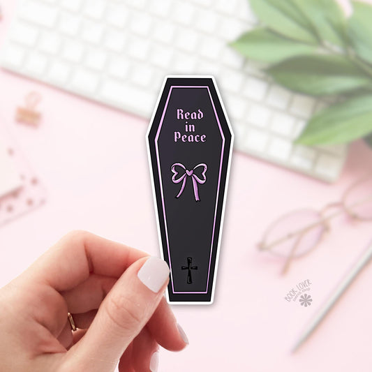 Read in Peace Coffin Sticker / Bookish Sticker / Book Lover Gift / Funny Reader Gift / Spooky Halloween / Dark Goth Reader / Witchy Bookish