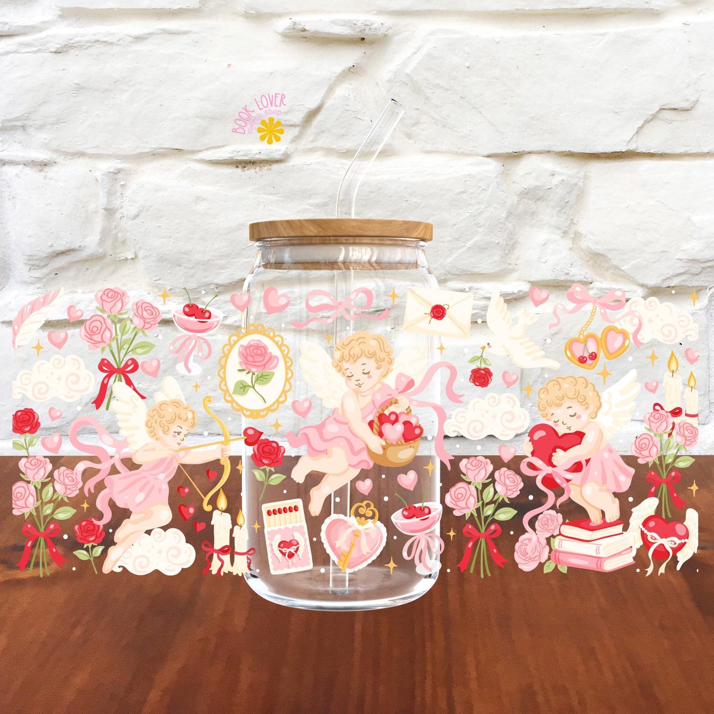 Bookish Cupids 16 OZ Glass Can With Lid and Straw / Valentine Bookish Merch Stickers / Book Lover Gift / UV Dtf Libbey Wrap Transfert