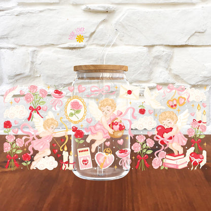 Bookish Cupids 16 OZ Glass Can With Lid and Straw / Valentine Bookish Merch Stickers / Book Lover Gift / UV Dtf Libbey Wrap Transfert