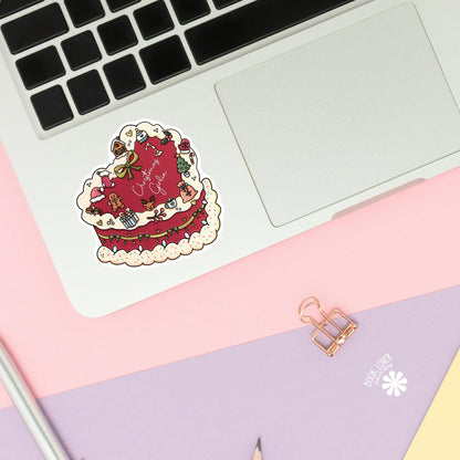 Coquette Christmas Cake sticker close up, matte finish, book lover vinyl decal