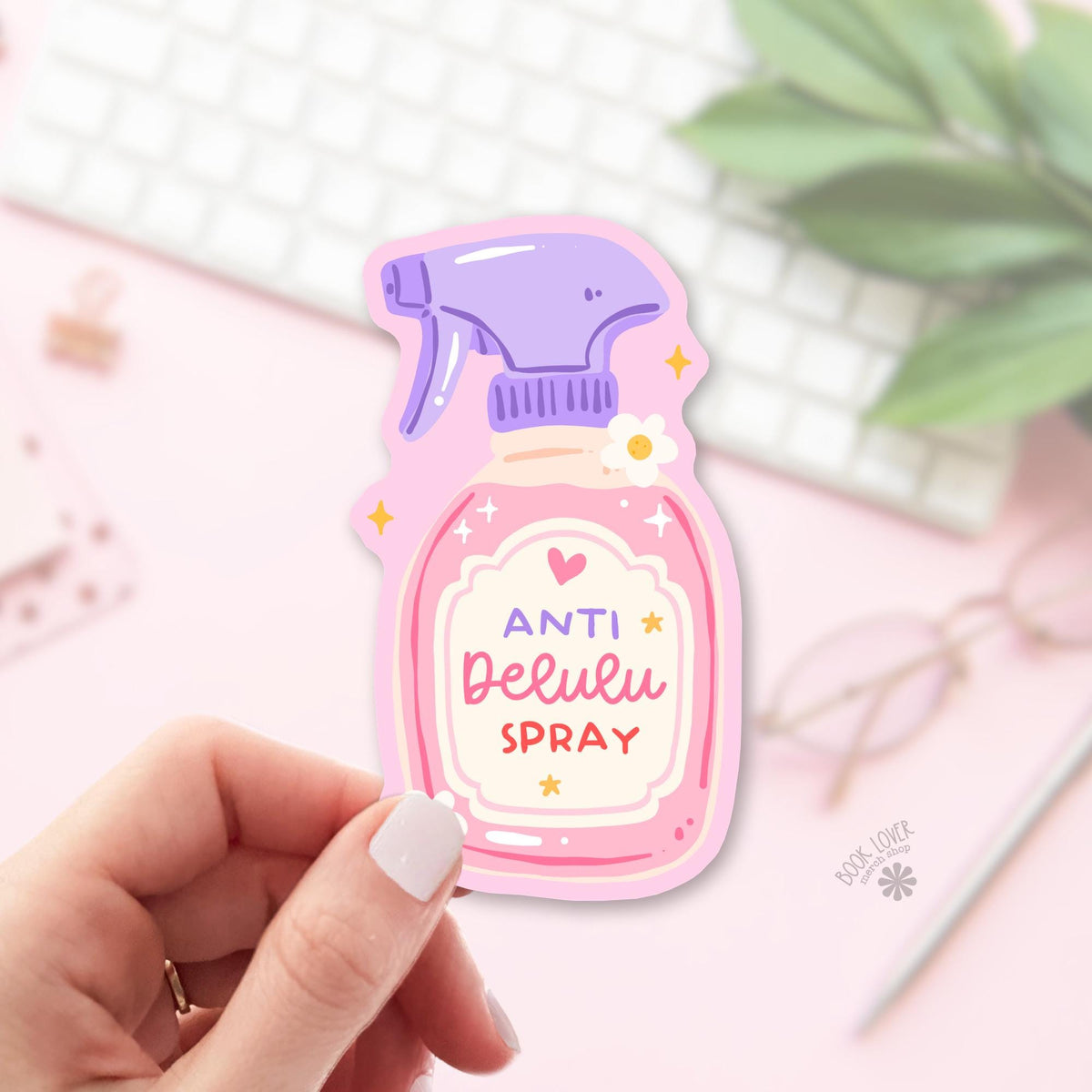 Anti Delulu Spray bookish sticker, vinyl die cut, romance reader gift