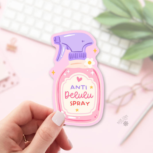 Anti Delulu Spray bookish sticker, vinyl die cut, romance reader gift
