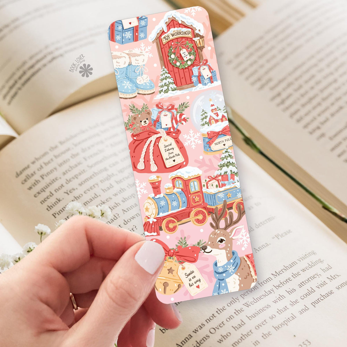 North Pole Workshop bookmark, double sided cardstock, reader gift