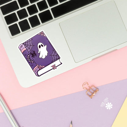 Spooky Book Sticker / Cute Halloween Bookish / Ghost Book Sticker / Spooky Reader Gift / Kawaii Halloween / Purple Spellbook / Kindle Decal