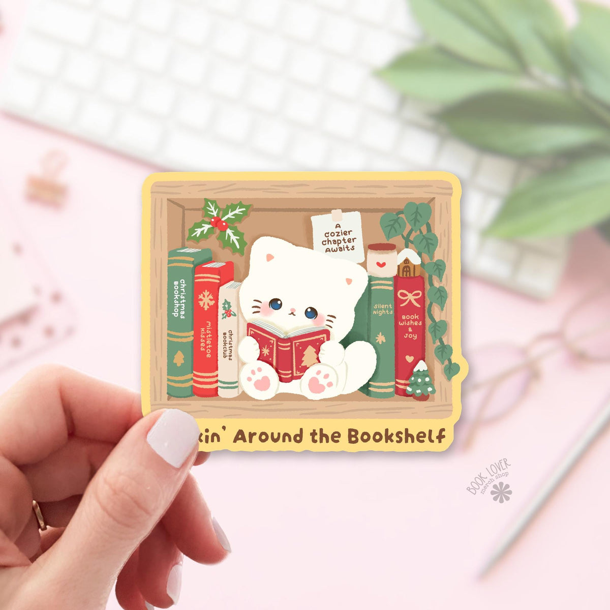Bookshelf Cat Holly bookish sticker, vinyl die cut, cat lover reader gift