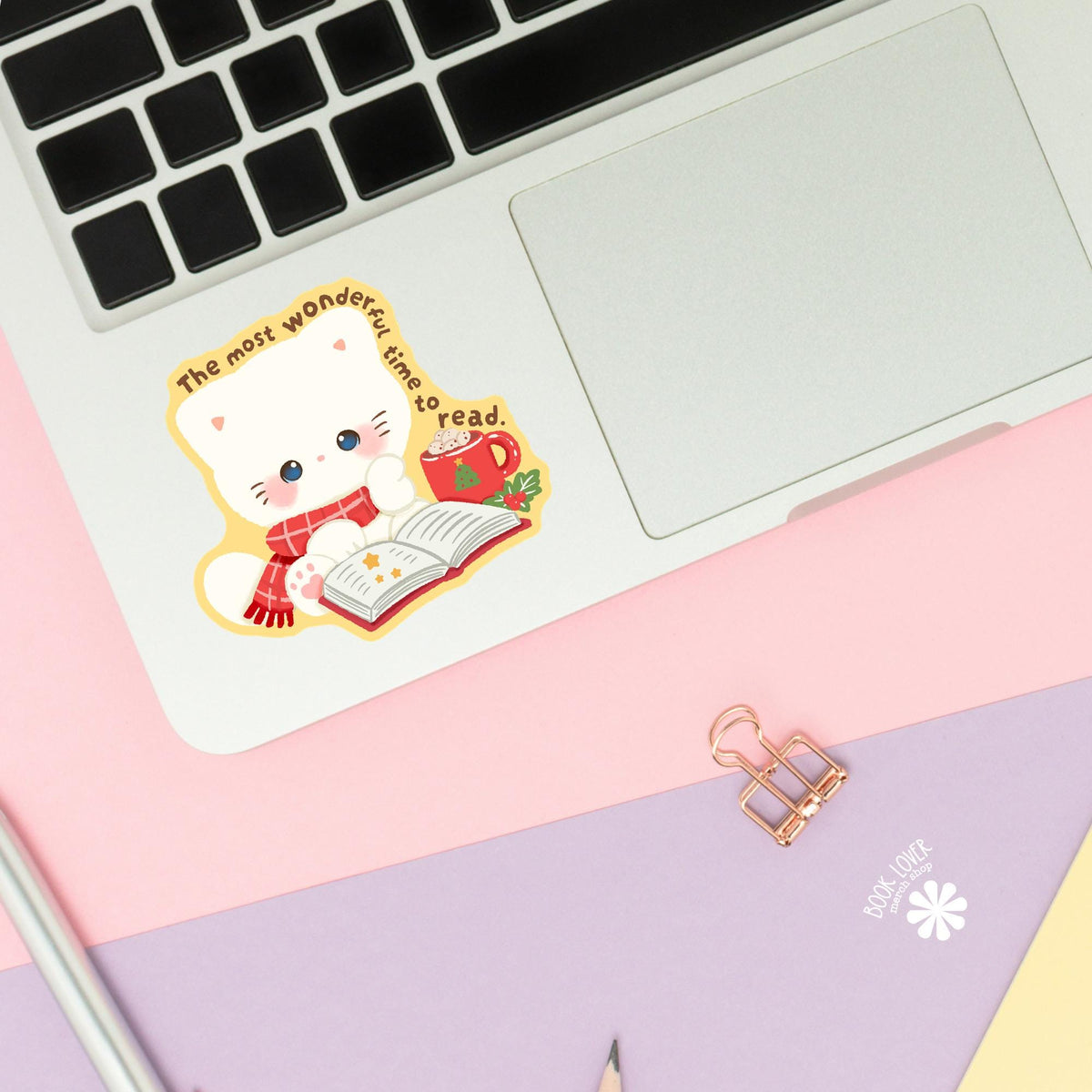 Christmas Kitten Cocoa sticker close up, matte finish, book lover vinyl decal