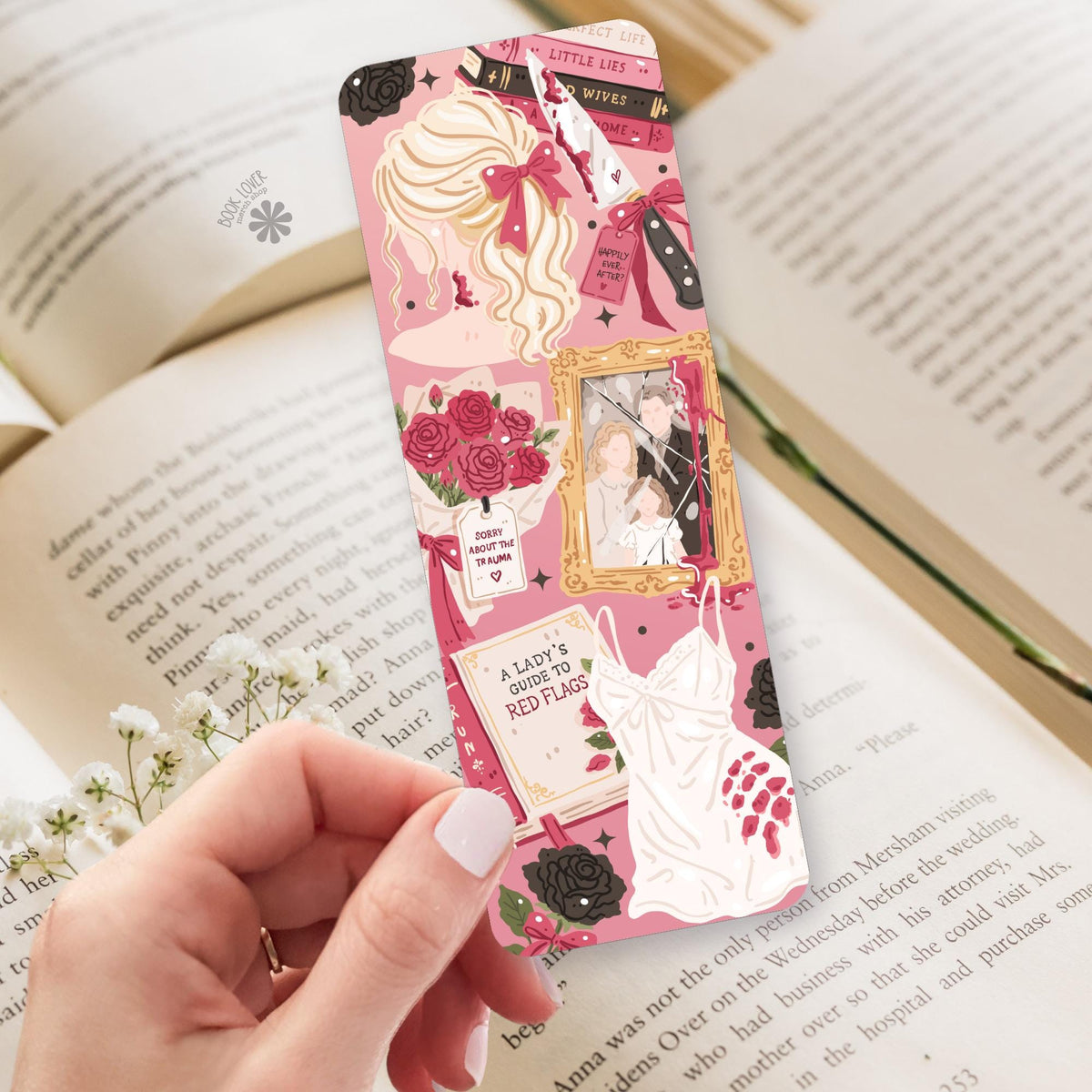 Pink Domestic Suspense bookmark, double sided page marker, mystery reader gift