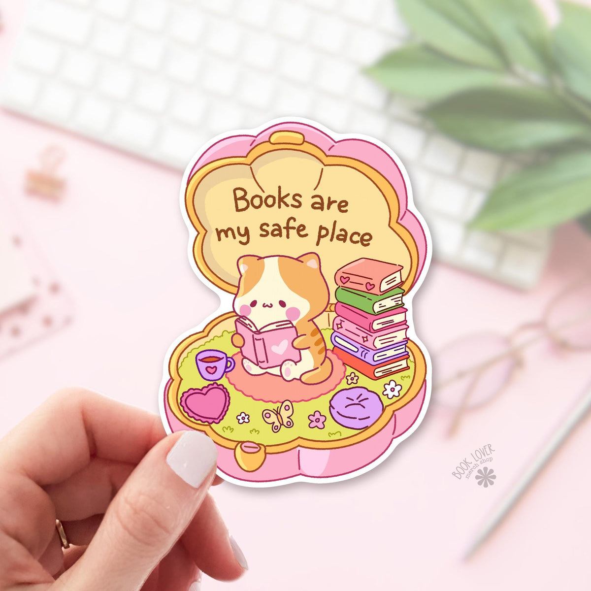 Safe Place Orange Cat bookish sticker, vinyl die cut, comfort reader gift