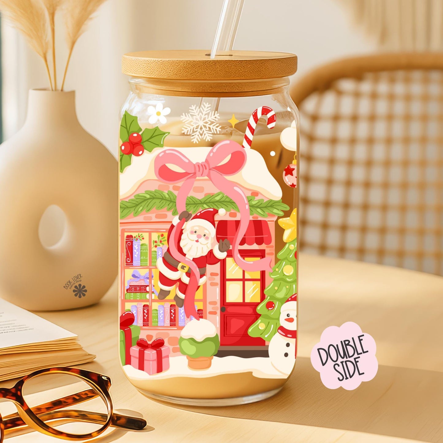 Christmas Bookstore 16oz Glass Can With Lid and Straw / Bookish Mug / Book Lover Gift / Bookish Stickers / UV Dtf Libbey Wrap Transfert