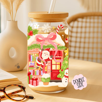 Christmas Bookstore 16oz Glass Can With Lid and Straw / Bookish Mug / Book Lover Gift / Bookish Stickers / UV Dtf Libbey Wrap Transfert