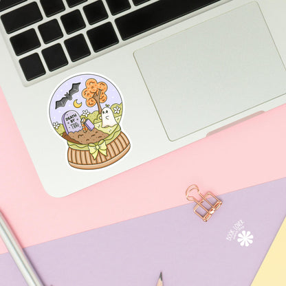 Death by TBR snow globe sticker close up, matte finish, book lover vinyl decal