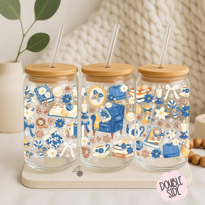 Frosted Library 16 OZ Glass Can With Lid and Straw / Bookish Mug / Book Lover Gift / Winter Merch Stickers / UV Dtf Libbey Wrap Transfert