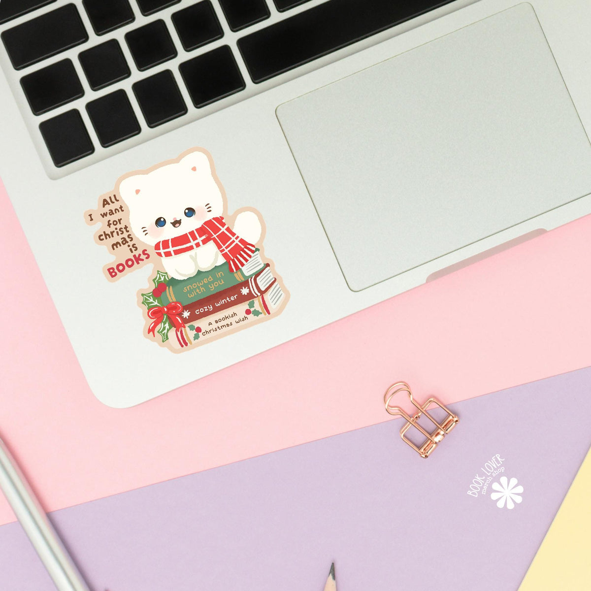 Holly Bow Cat sticker close up, matte finish, book lover vinyl decal