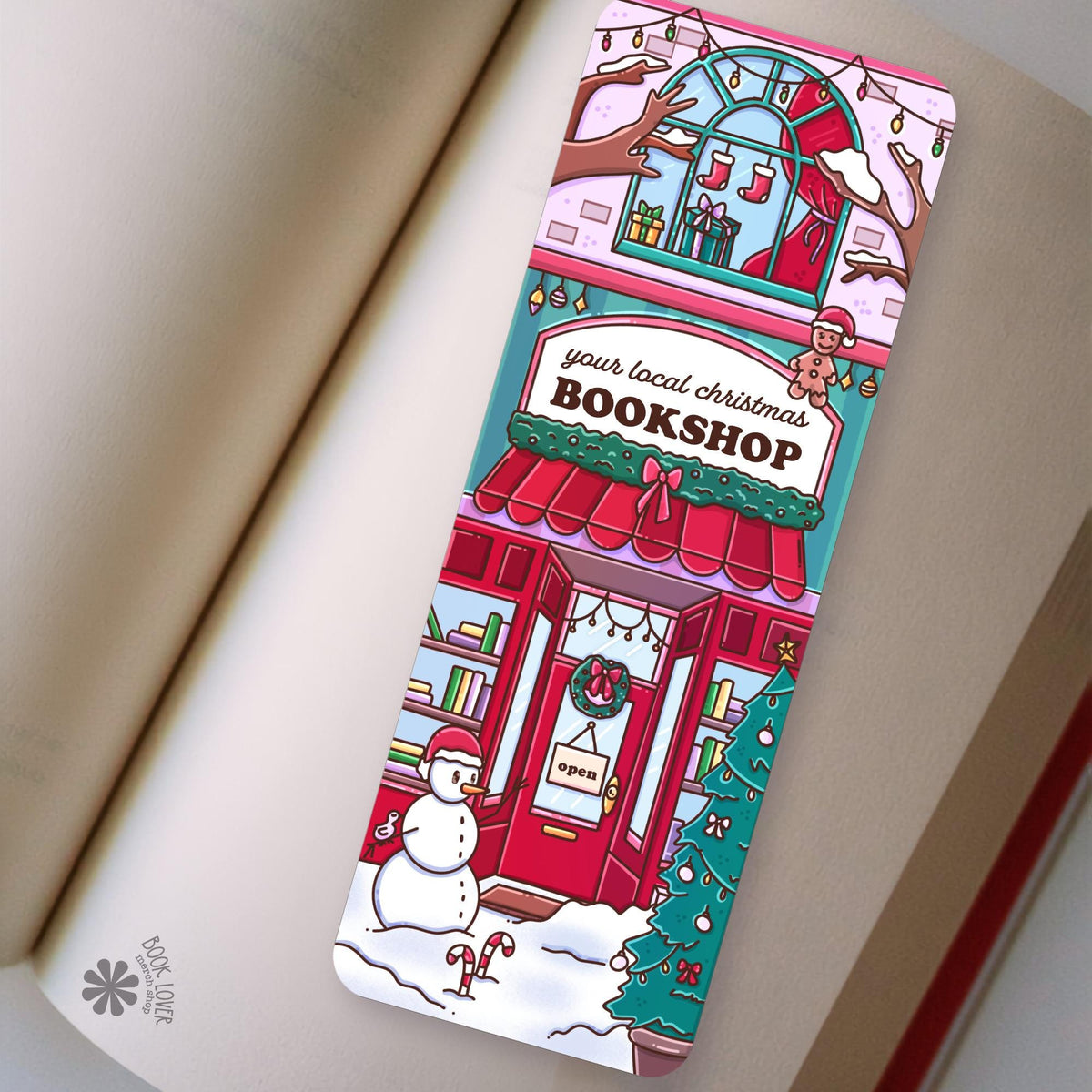 Christmas Bookshop bookmark front and back, cardstock page marker