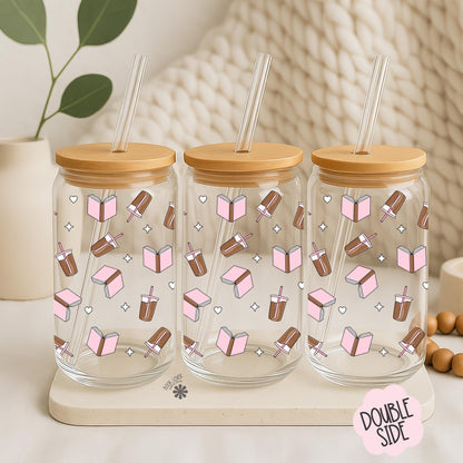 Coffee and Books 16 OZ Glass Can With Lid and Straw / Bookish Mug / Book Lover Gift / Bookish Merch / UV Dtf Libbey Wrap Transfert