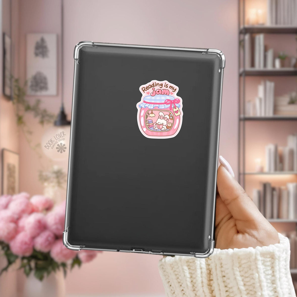 Bunny Jam Jar Kindle sticker on desk, bookish decal