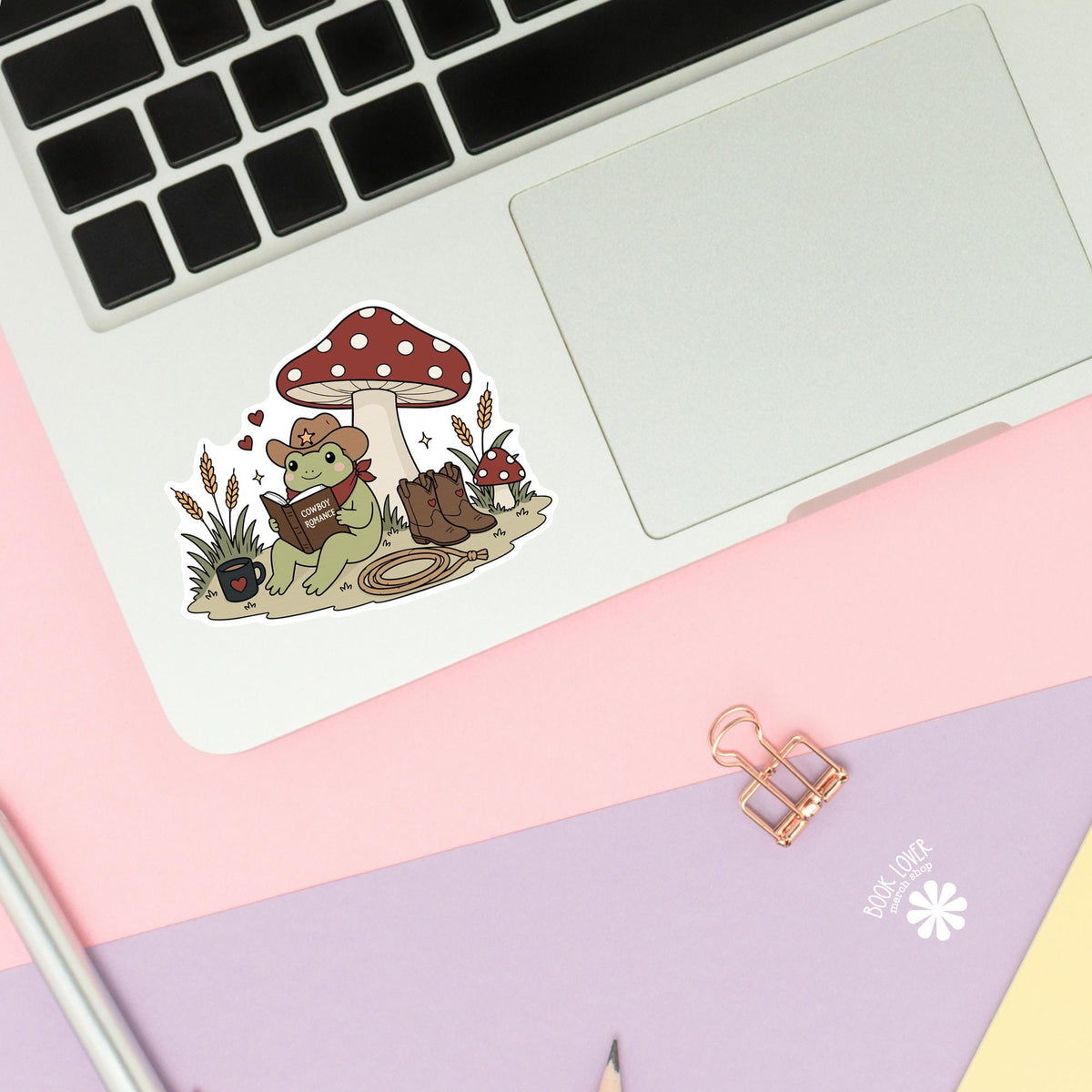 Cowboy frog sticker close up, matte finish, book lover vinyl decal