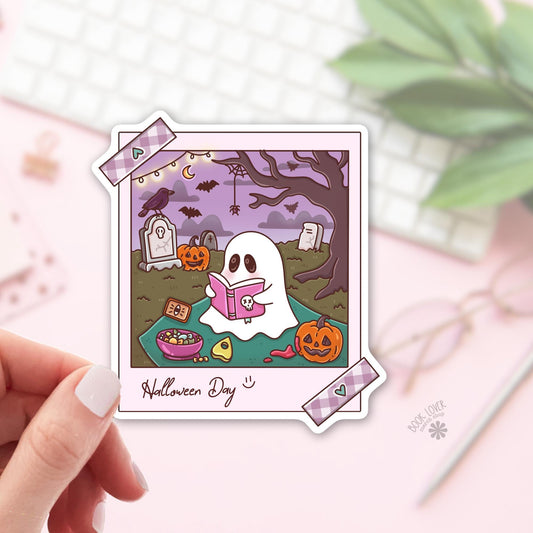 Halloween Ghost Polaroid Sticker / Cute Halloween Bookish / Ghost Reading / Spooky Reader Gift / Kawaii Halloween / Bookish Ghost / Kindle