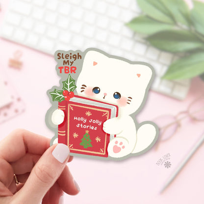 Christmas Tree Storybook Cat bookish sticker, vinyl die cut, cat lover reader gift