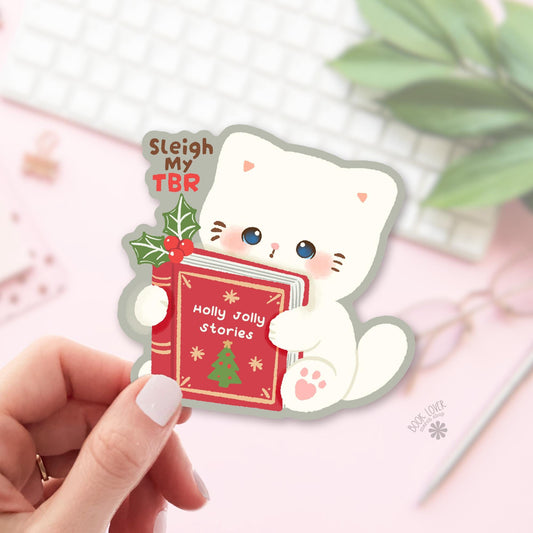 Christmas Tree Storybook Cat bookish sticker, vinyl die cut, cat lover reader gift