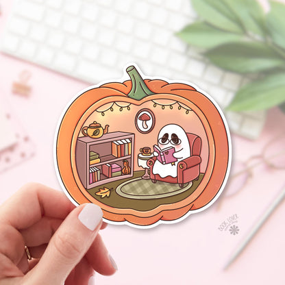 Pumpkin reading nook bookish sticker, vinyl die cut, readers who build a nook every October gift