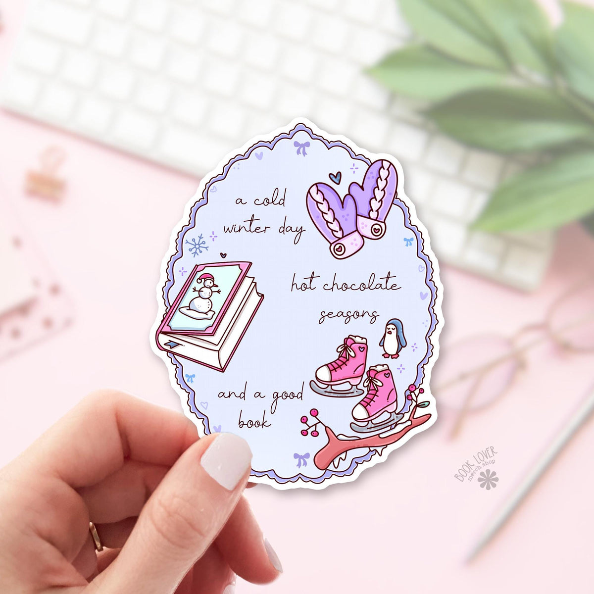 Hot chocolate reading bookish sticker, vinyl die cut, winter readers with a warm drink gift