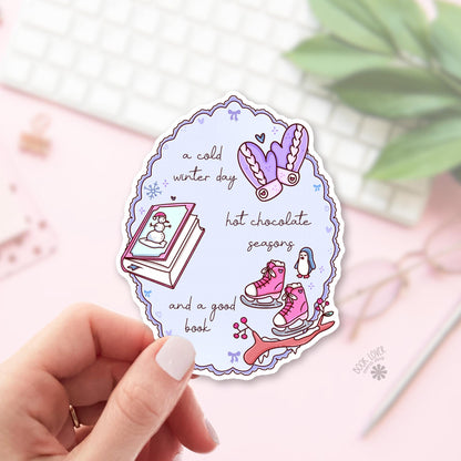 Hot chocolate reading bookish sticker, vinyl die cut, winter readers with a warm drink gift