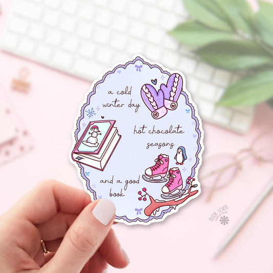 Hot chocolate reading bookish sticker, vinyl die cut, winter readers with a warm drink gift