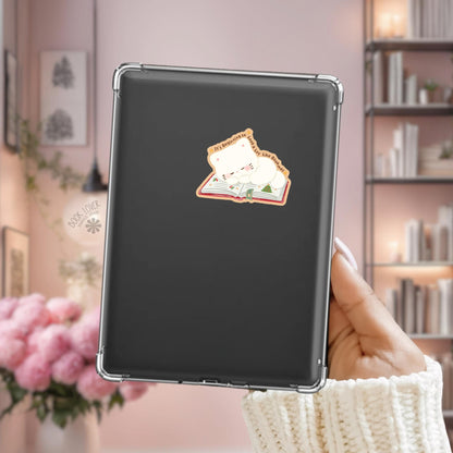 Snoozing Cat Red Book Kindle sticker on desk, bookish decal
