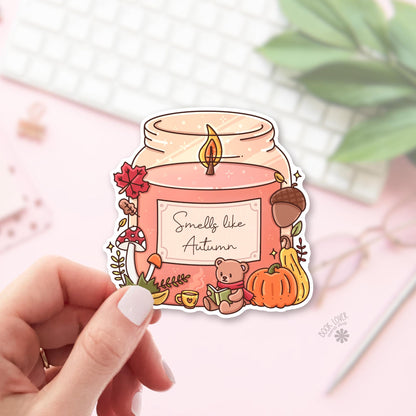 Autumn candle bear bookish sticker, vinyl die cut, readers who want the season in a candle gift