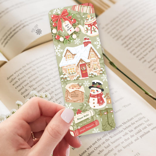 Snowy Village Cottage bookmark, double sided cardstock, reader gift