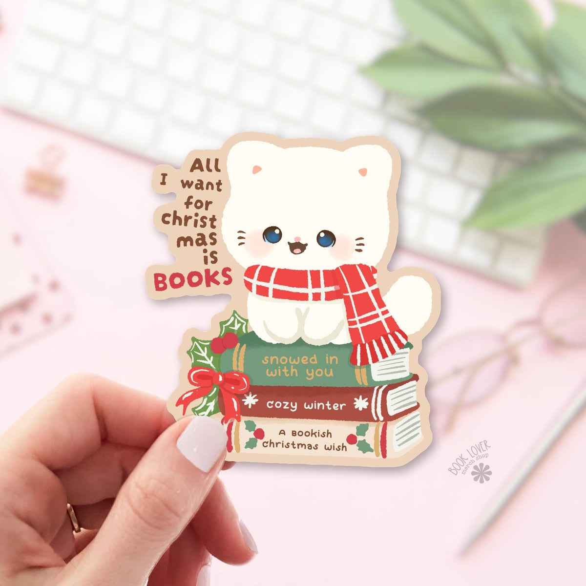 Holly Bow Cat bookish sticker, vinyl die cut, cat lover reader gift