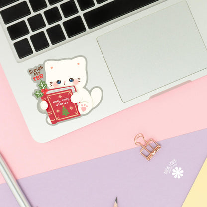 Christmas Tree Storybook Cat sticker close up, matte finish, book lover vinyl decal