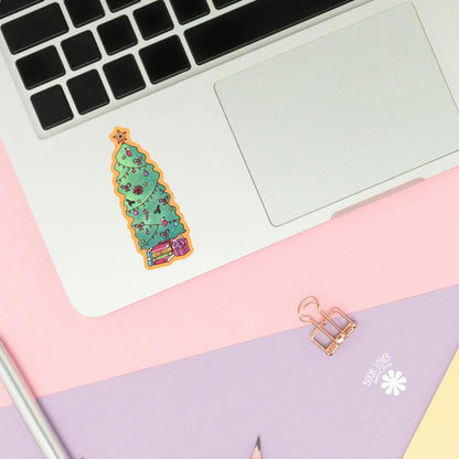 Evergreen Christmas Tree Art sticker close up, matte finish, book lover vinyl decal