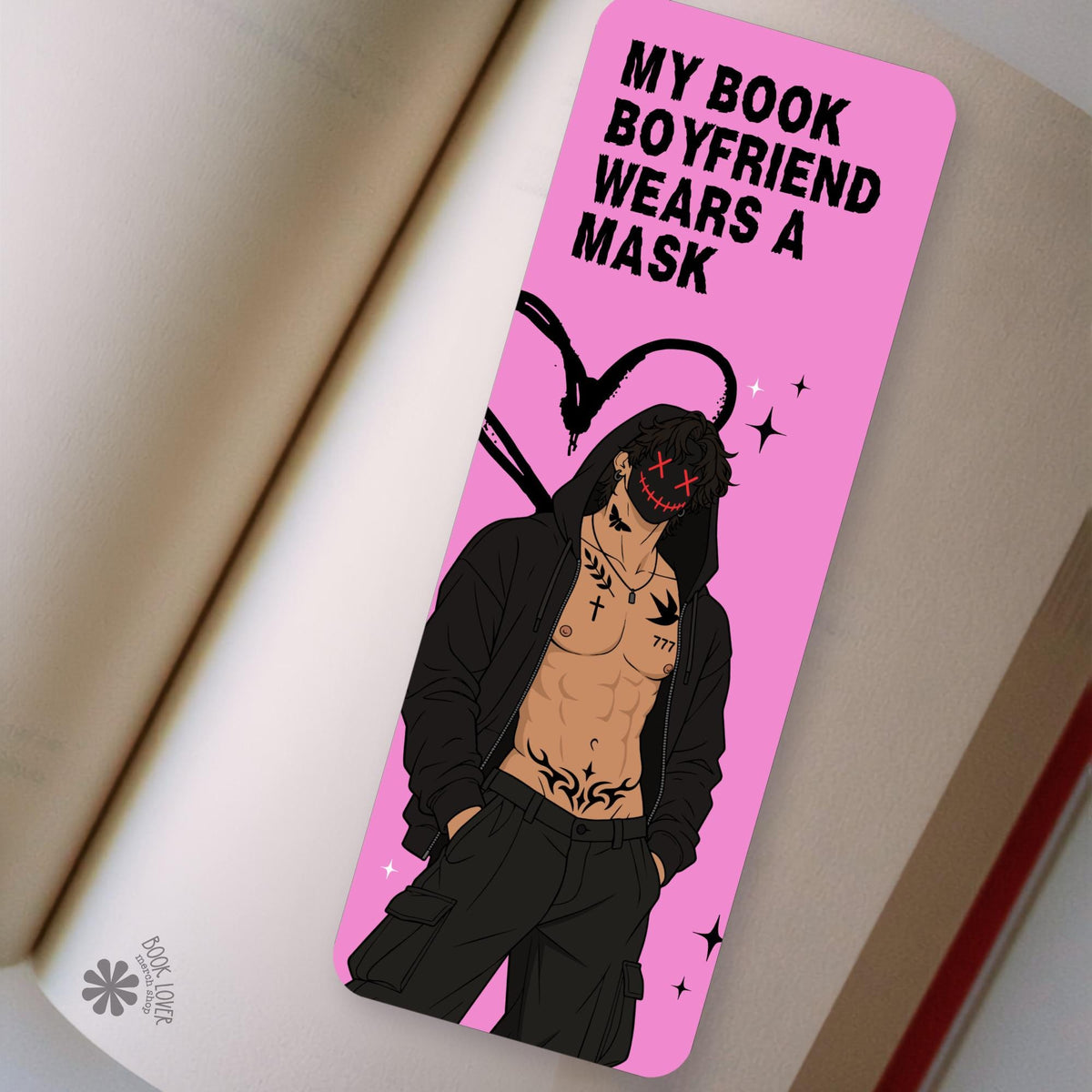 Masked Book Boyfriend bookmark front and back, cardstock page marker