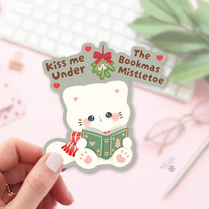 Mistletoe Cat bookish sticker, vinyl die cut, cat lover reader gift