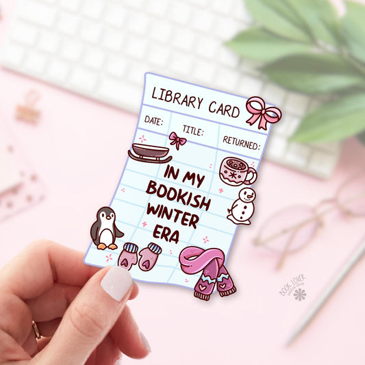 Winter Library Card bookish sticker, vinyl die cut, cozy reader gift