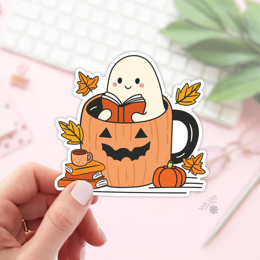 Ghost Reading in a Pumpkin Mug Stickers / Bookish Stickers / Book Lover Gift / Bookish Merch / Kindle Sticker / Smut Reader / Reading Lover