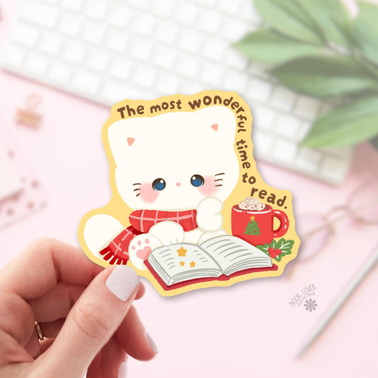 Christmas Kitten Cocoa bookish sticker, vinyl die cut, cat lover reader gift