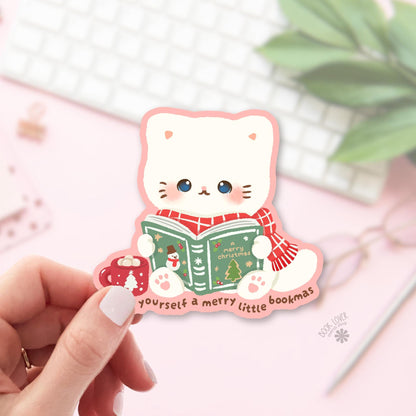 Snowman Winter Kitten bookish sticker, vinyl die cut, cozy reader gift