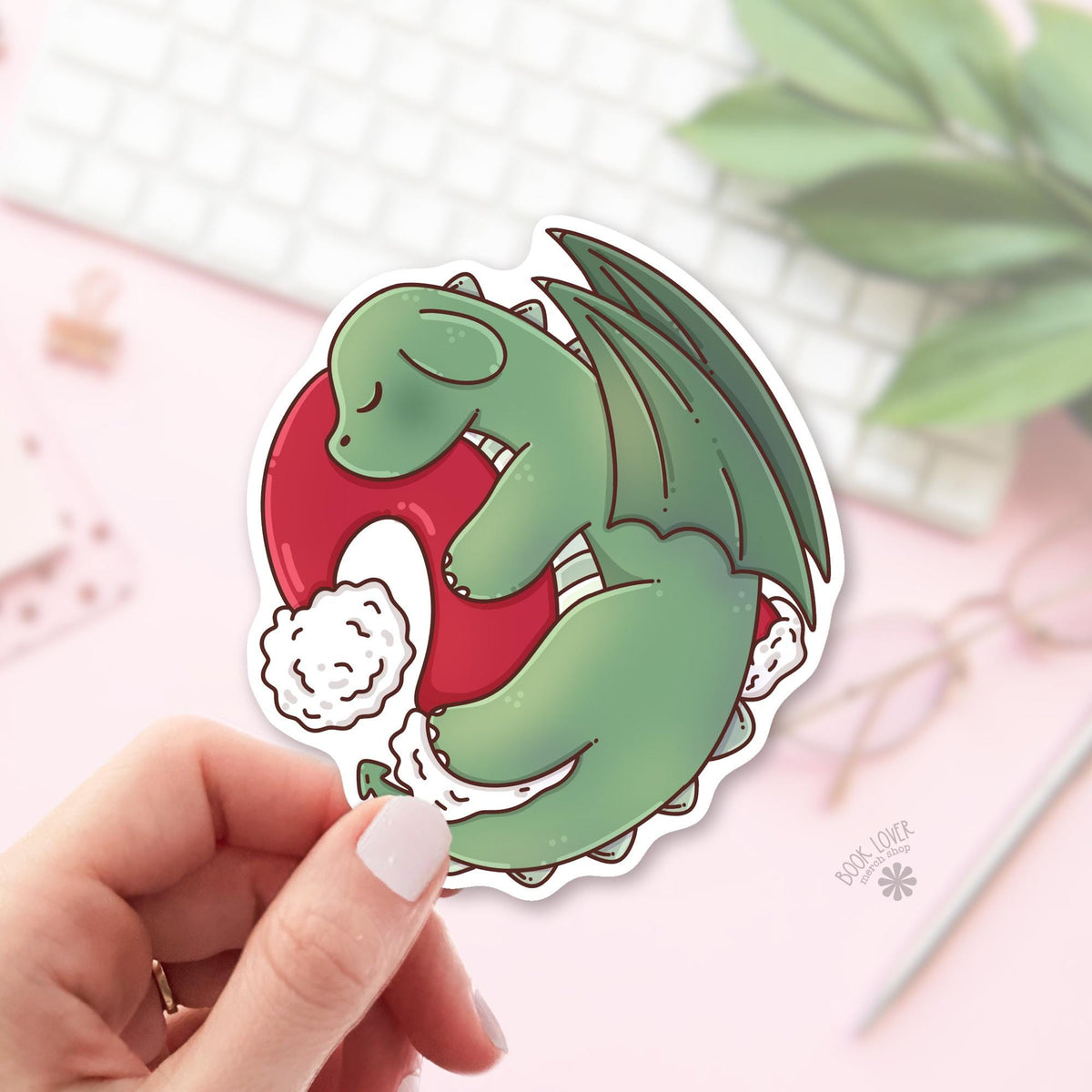 Sleepy Dragon Santa Hat bookish sticker, vinyl die cut, fantasy reader gift